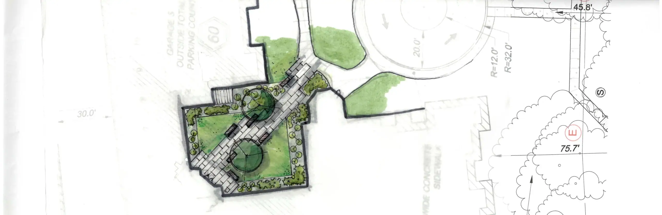 Hand-rendered landscape concept plan showing a plaza with walkways, benches, and green planting areas integrated into surrounding site geometry.