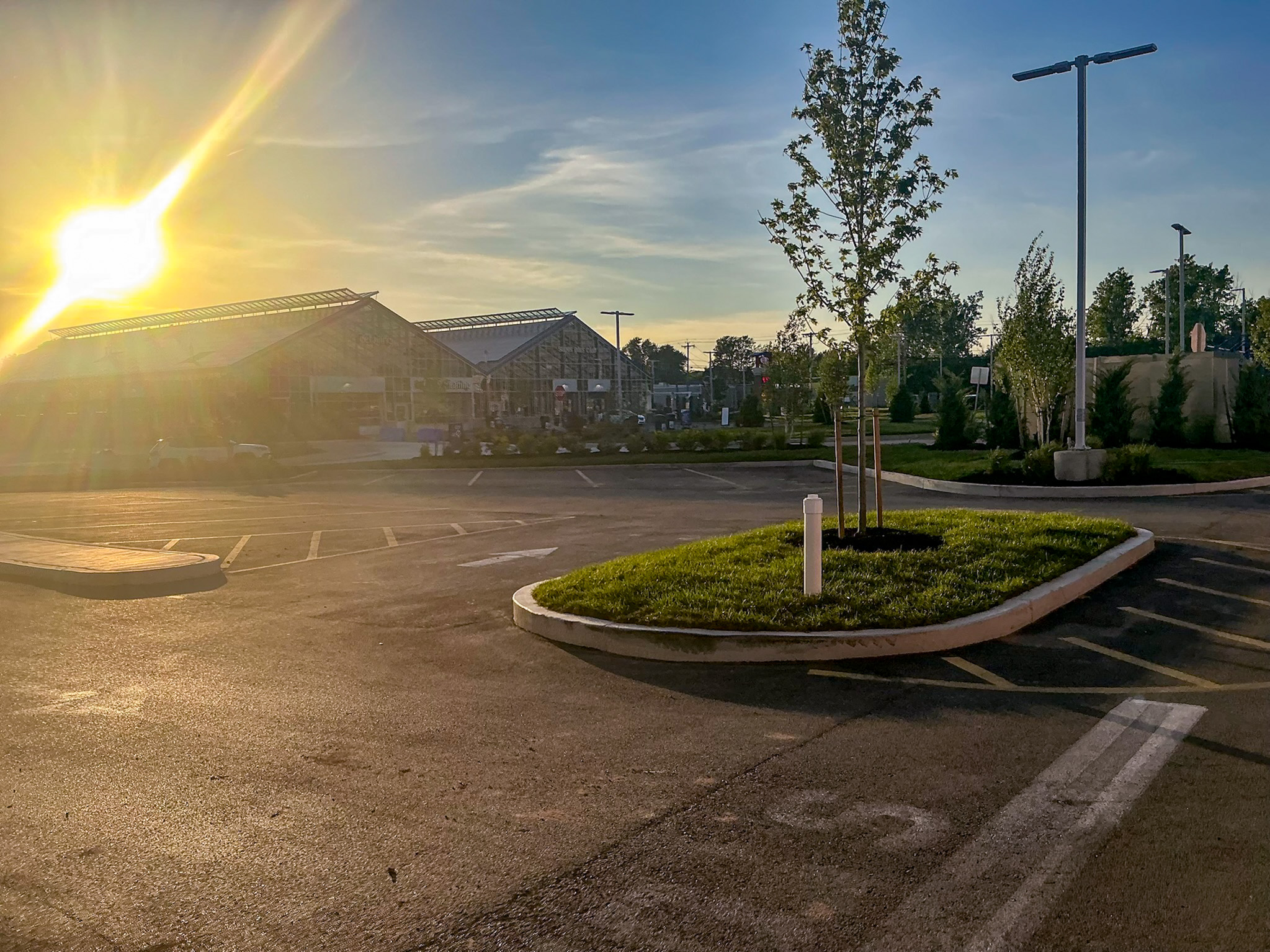 Delta Sonic West Henrietta parking area showing improved circulation, landscape islands with trees and plantings, and clear sight lines across the lot.
