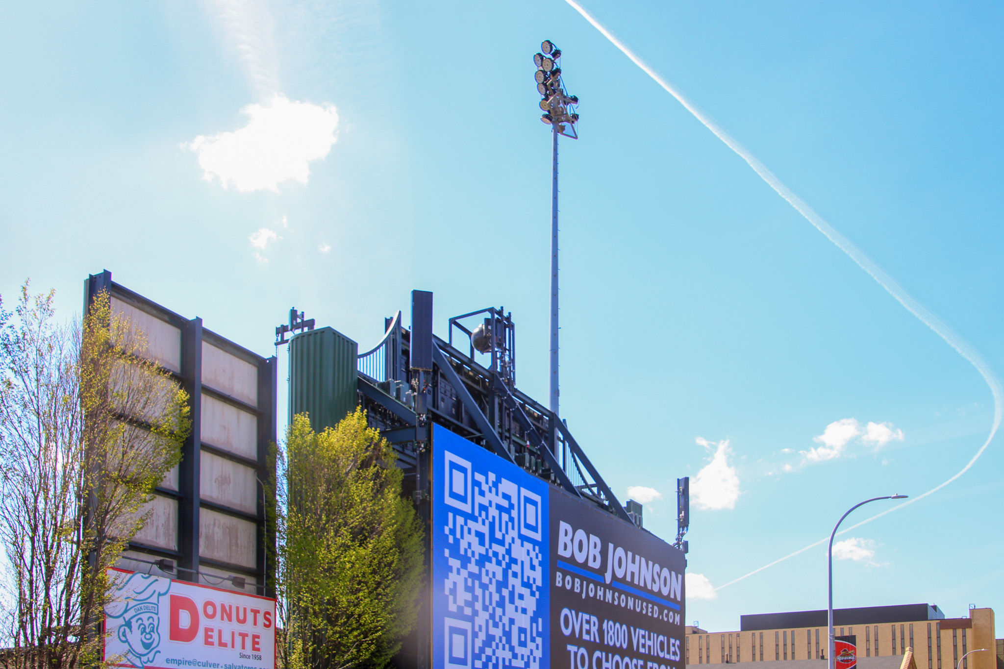 Verizon Wireless antenna equipment mounted on the video board structure at ESL Ballpark in Rochester, NY
